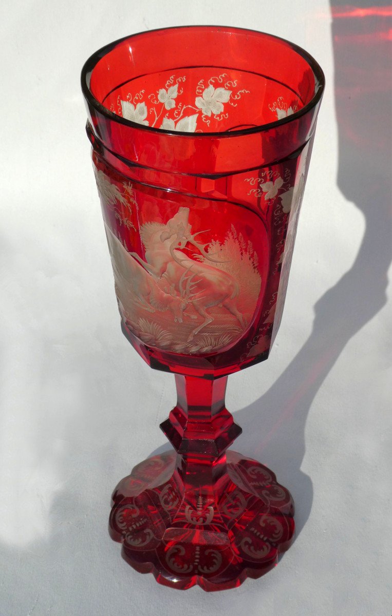 Large Chalice / Hanape In Red Garnet Bohemian Crystal, Sylvester And Napoleon III Deer Decor-photo-3