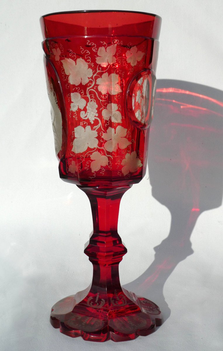 Large Chalice / Hanape In Red Garnet Bohemian Crystal, Sylvester And Napoleon III Deer Decor-photo-4