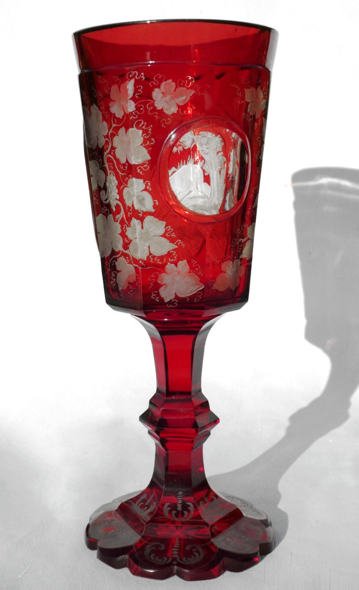 Large Chalice / Hanape In Red Garnet Bohemian Crystal, Sylvester And Napoleon III Deer Decor-photo-5