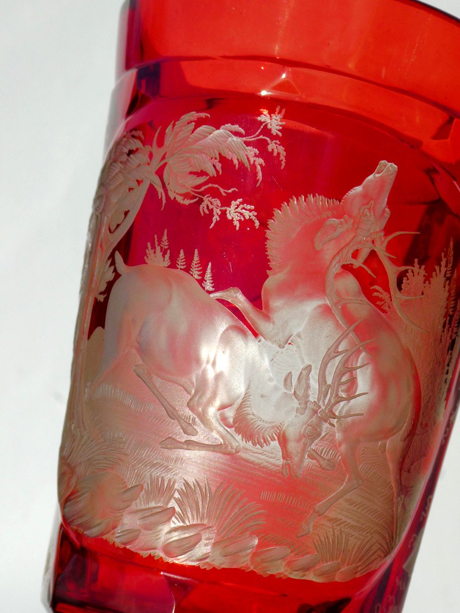 Large Chalice / Hanape In Red Garnet Bohemian Crystal, Sylvester And Napoleon III Deer Decor-photo-8