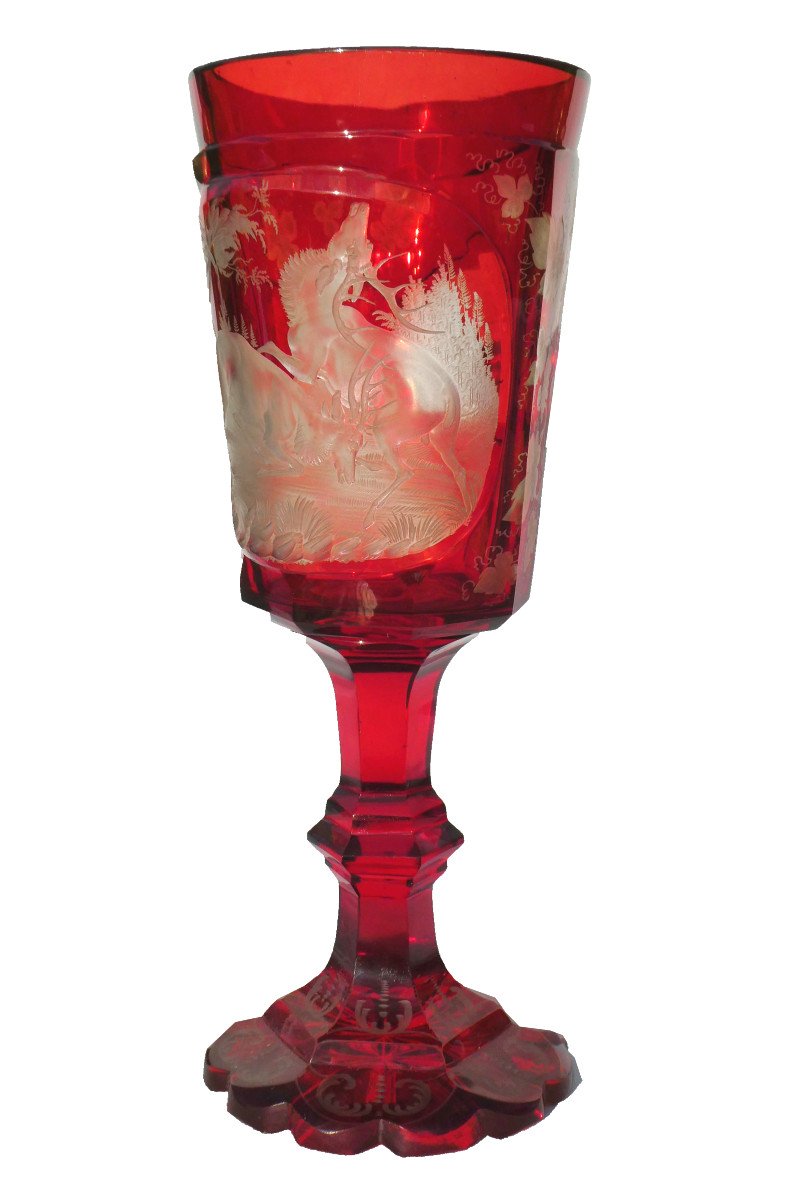 Grand Calice / Hanape En Cristal De Boheme Rouge Grenat , Decor Sylvestre Et Cerfs Napoleon III