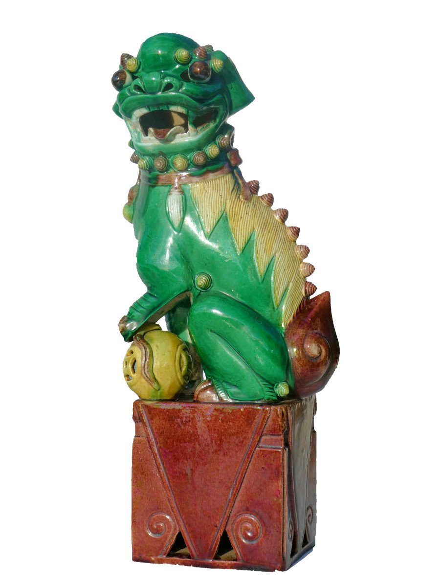 Grande Paire De Chiens De Fo En Faience Asiatique , Famille Verte , Chine 1900 , Lions Asie-photo-3