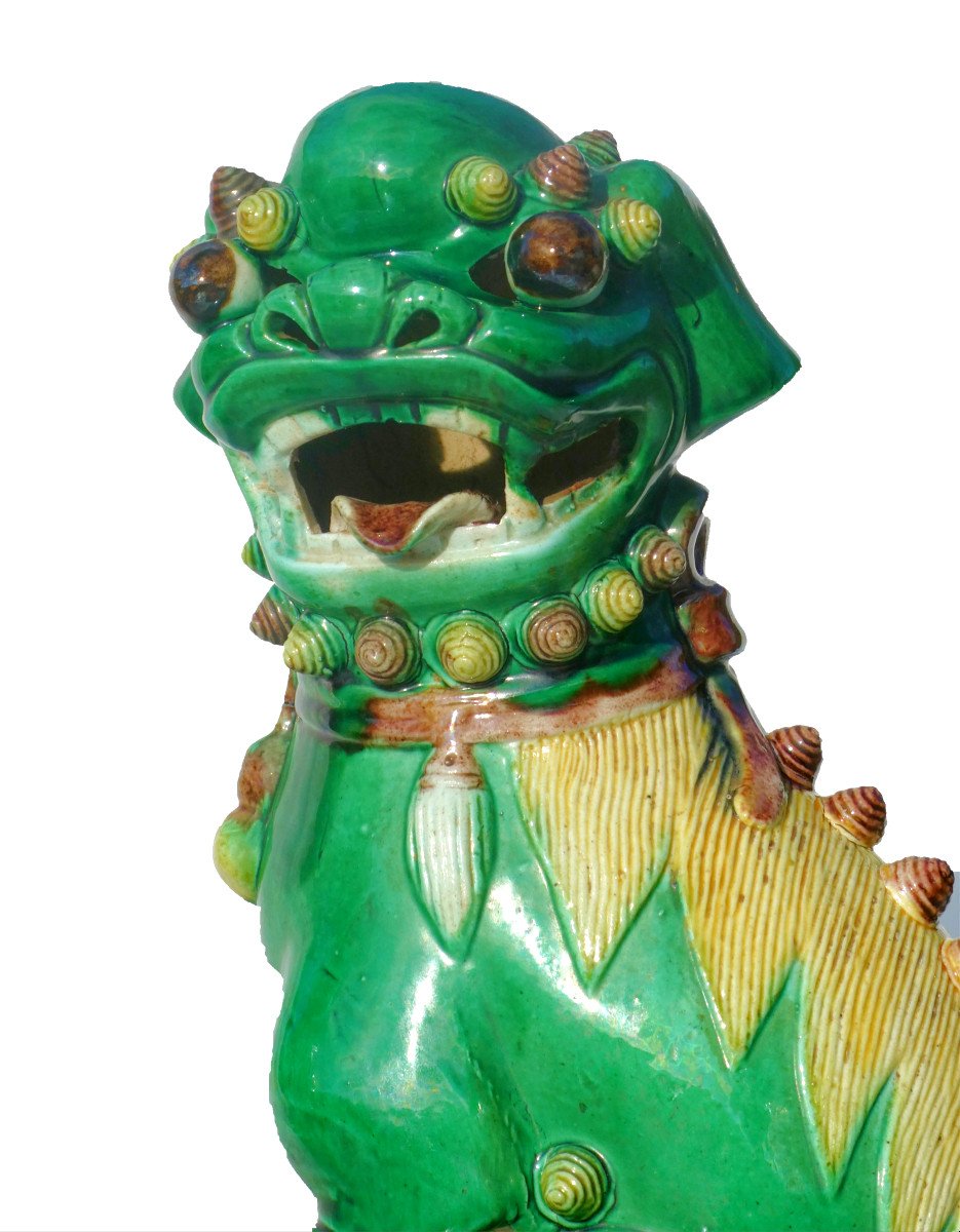 Grande Paire De Chiens De Fo En Faience Asiatique , Famille Verte , Chine 1900 , Lions Asie-photo-4