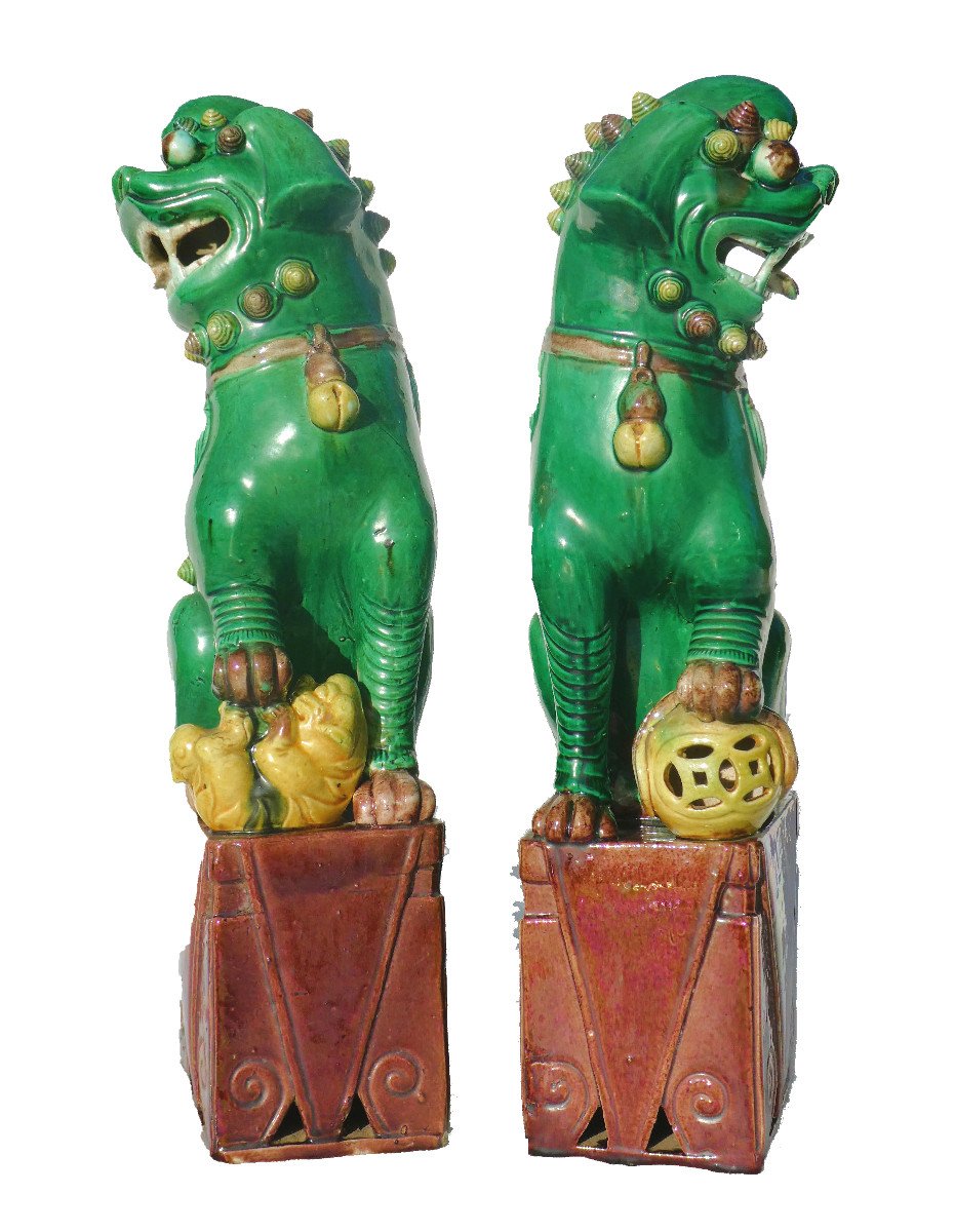 Grande Paire De Chiens De Fo En Faience Asiatique , Famille Verte , Chine 1900 , Lions Asie-photo-2