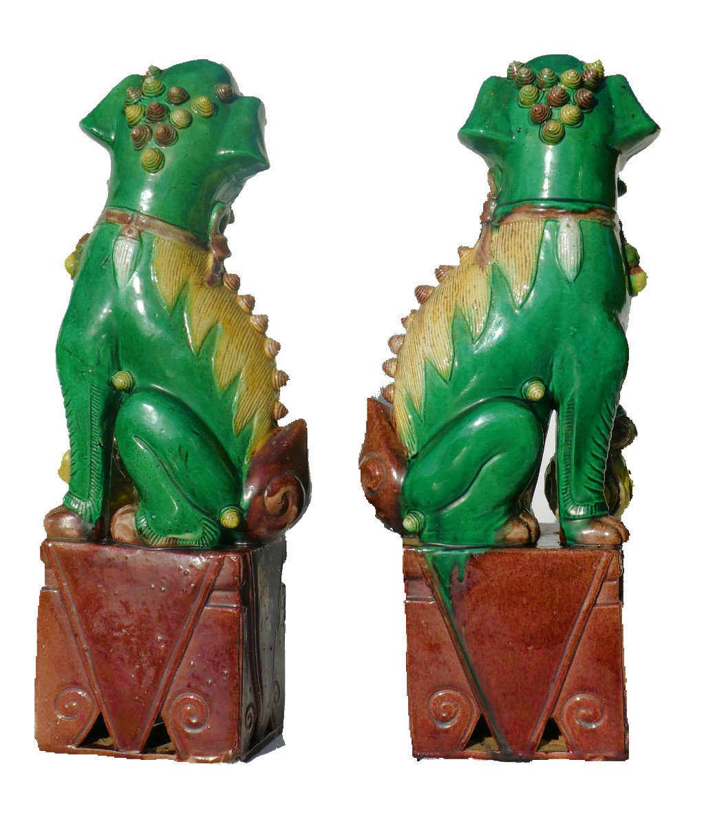 Grande Paire De Chiens De Fo En Faience Asiatique , Famille Verte , Chine 1900 , Lions Asie-photo-3