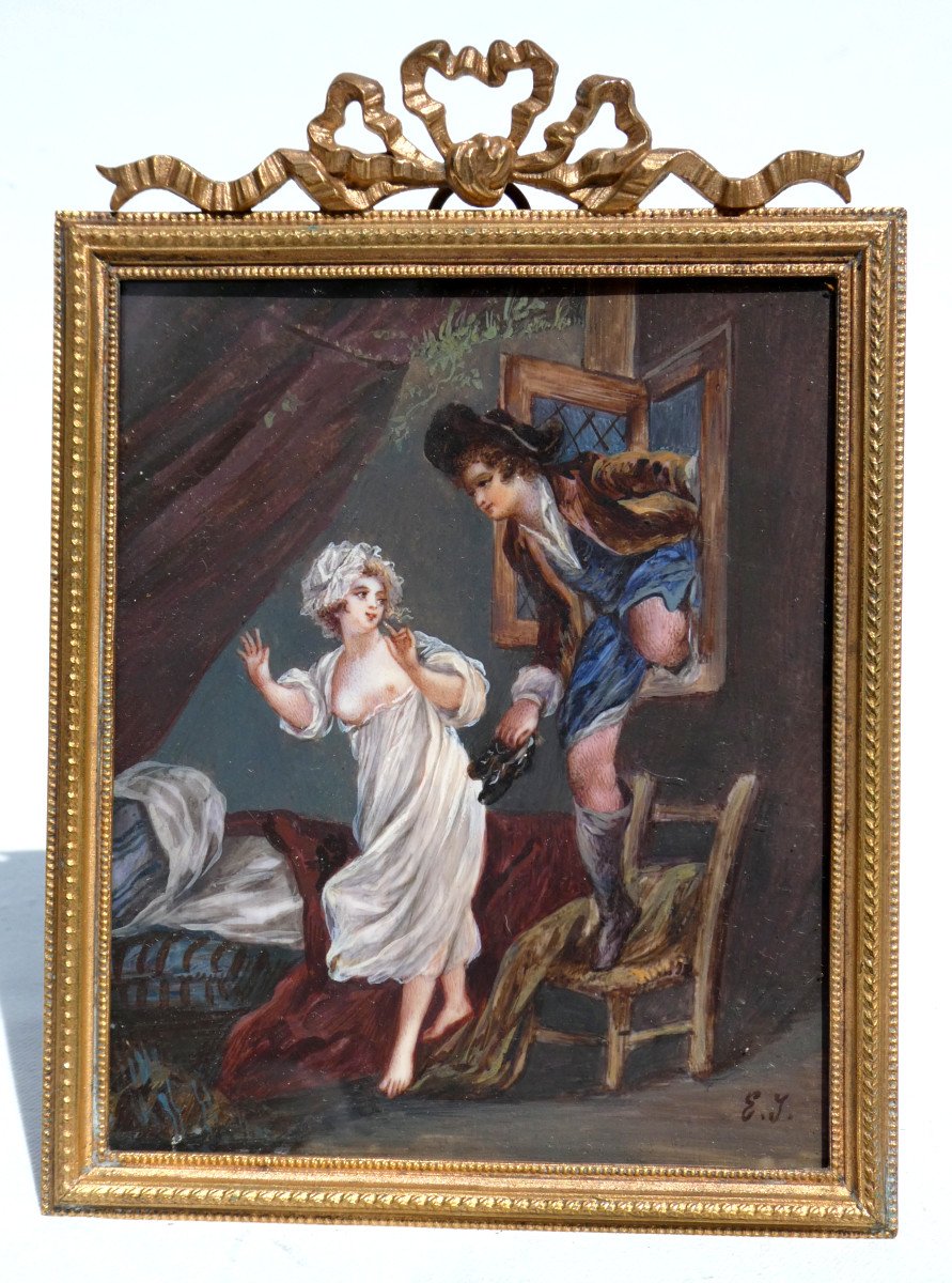 Watercolor Painting, Erotic Subject, Curiosa, Miniature After Pierre Philippe Choffard 19th Century