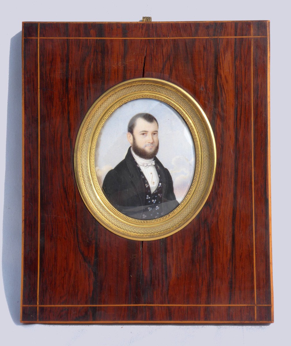 Grande Miniature Peinte Aquarelle , Portrait De Jeune Homme 1830 , Cadre Palissandre XIXe Dandy-photo-2