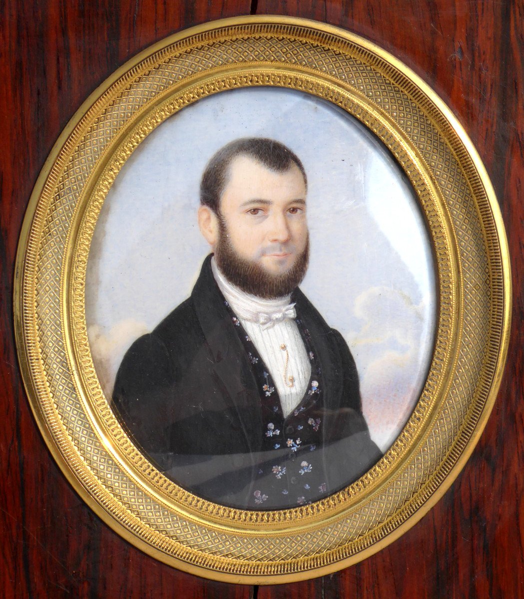 Grande Miniature Peinte Aquarelle , Portrait De Jeune Homme 1830 , Cadre Palissandre XIXe Dandy-photo-4