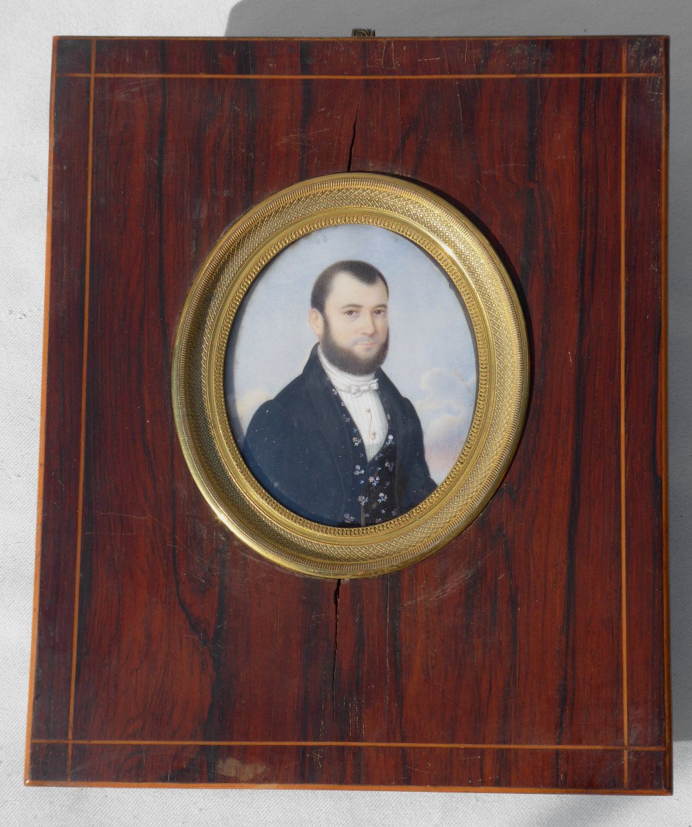 Grande Miniature Peinte Aquarelle , Portrait De Jeune Homme 1830 , Cadre Palissandre XIXe Dandy-photo-2