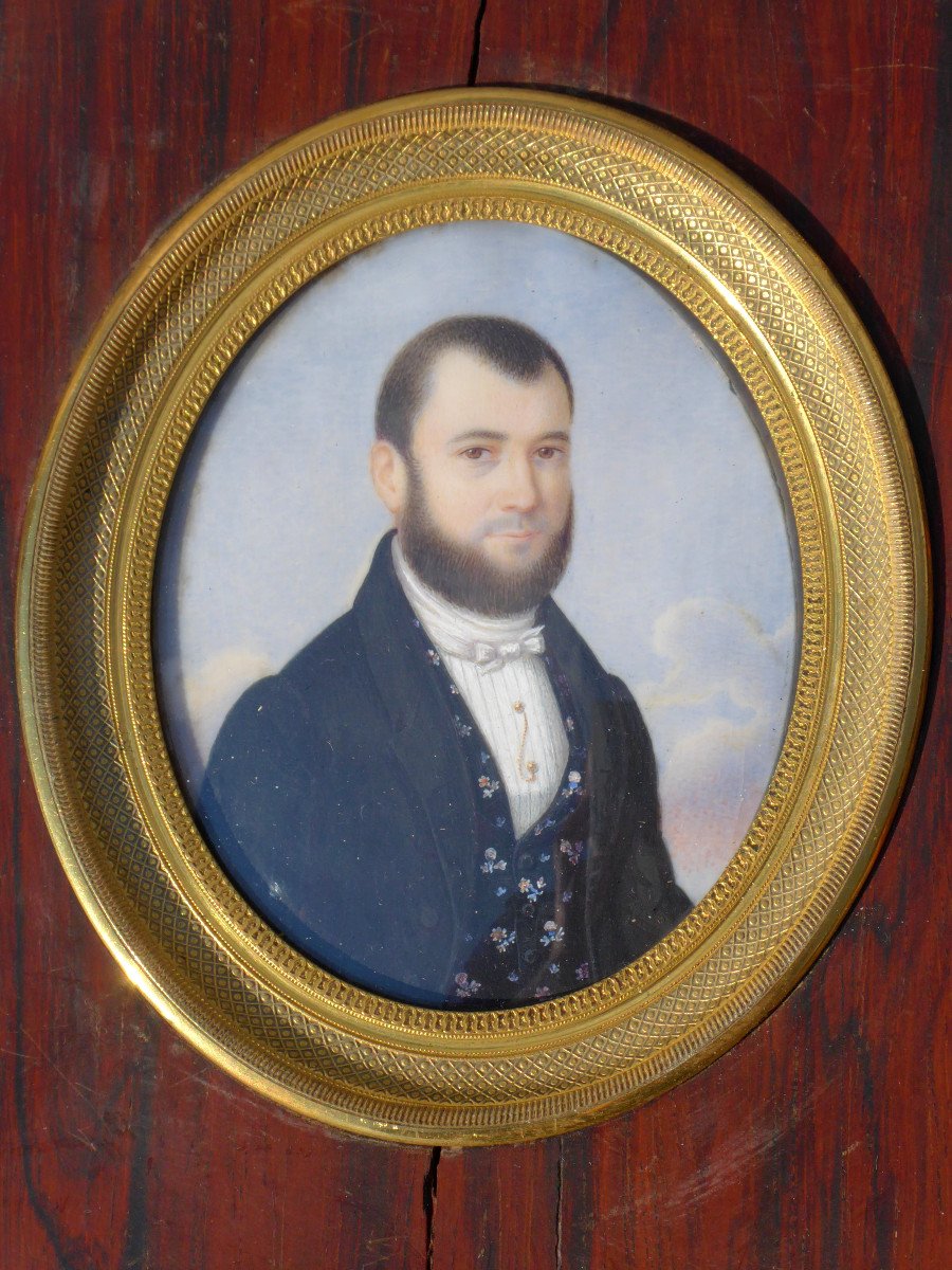 Grande Miniature Peinte Aquarelle , Portrait De Jeune Homme 1830 , Cadre Palissandre XIXe Dandy-photo-3