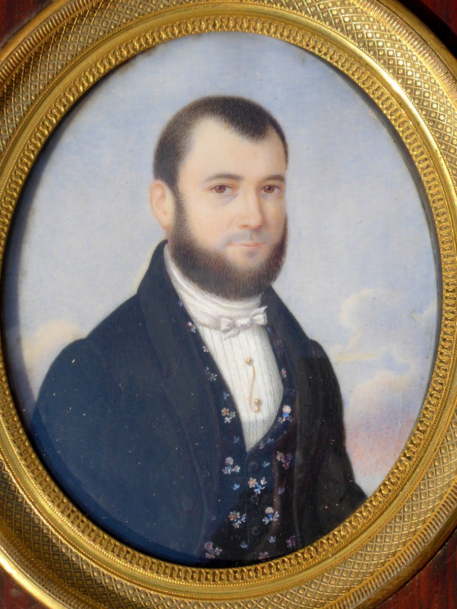 Grande Miniature Peinte Aquarelle , Portrait De Jeune Homme 1830 , Cadre Palissandre XIXe Dandy-photo-4