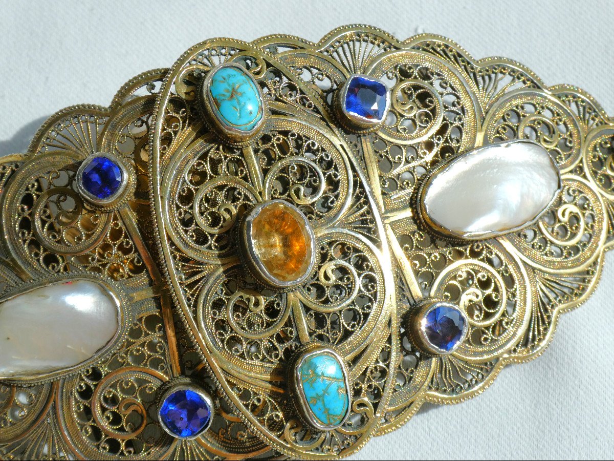 Solid Silver Belt Buckle Semi Precious Stones Filigree 19th Century, Austro Hungarian Style-photo-2