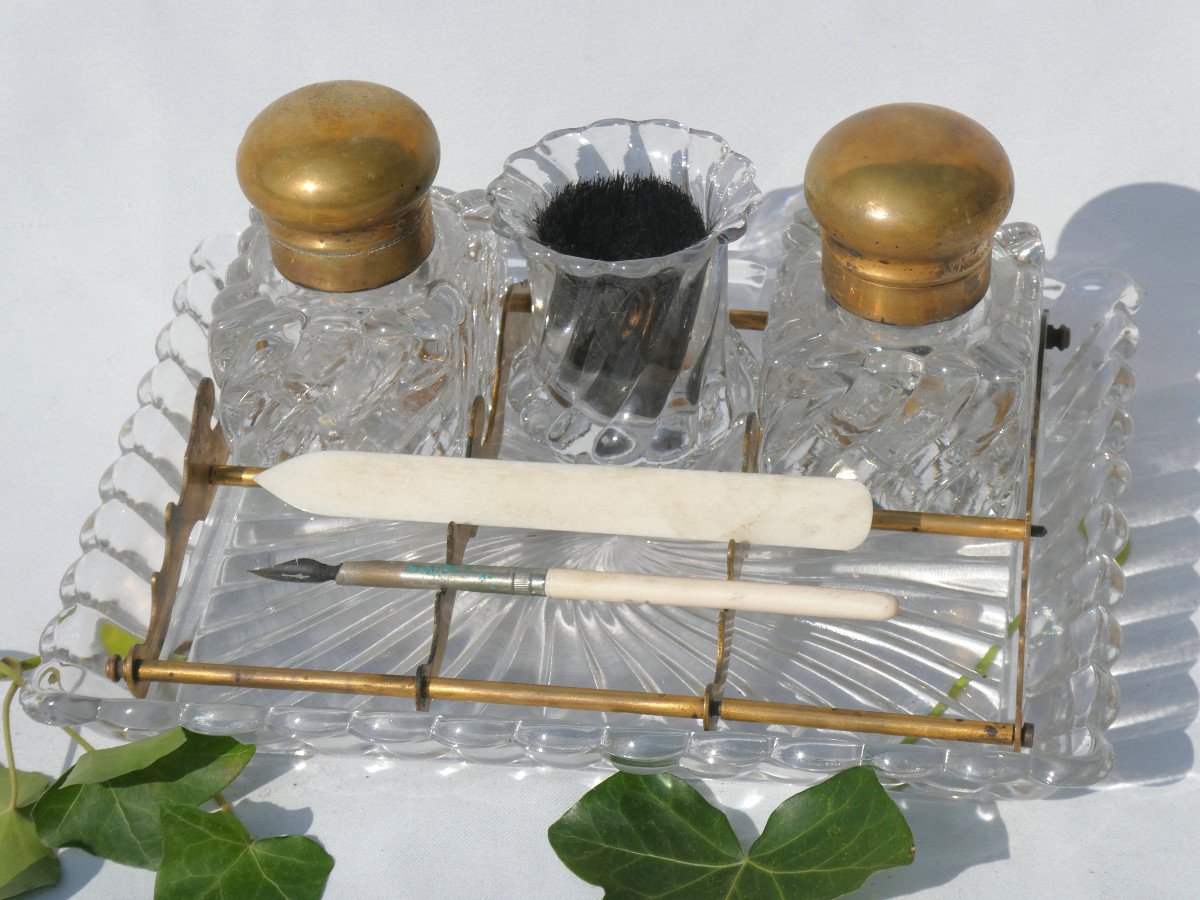 Double Baccarat Crystal Inkwell, 19th Century Twisted Bamboo, Pen Wiper Office Writing Object-photo-3