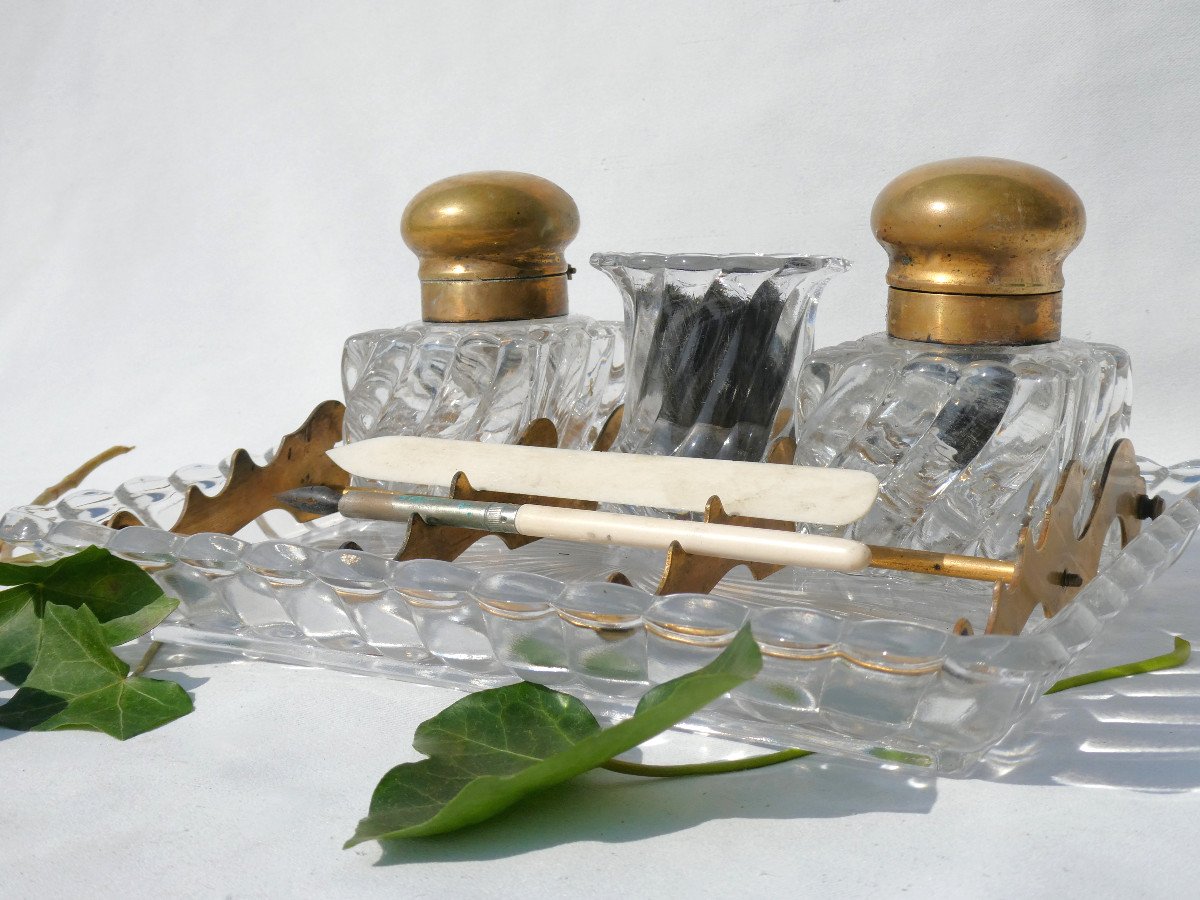 Double Baccarat Crystal Inkwell, 19th Century Twisted Bamboo, Pen Wiper Office Writing Object