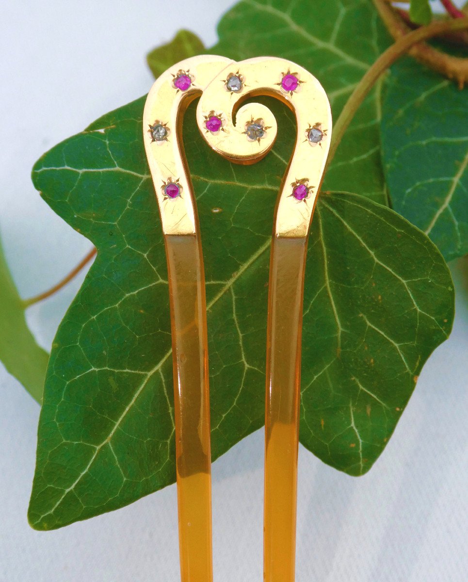 1880s Hair Comb, Horn And Gold, Diamonds And Tourmaline, 19th Century Jewelry, Pin-photo-4