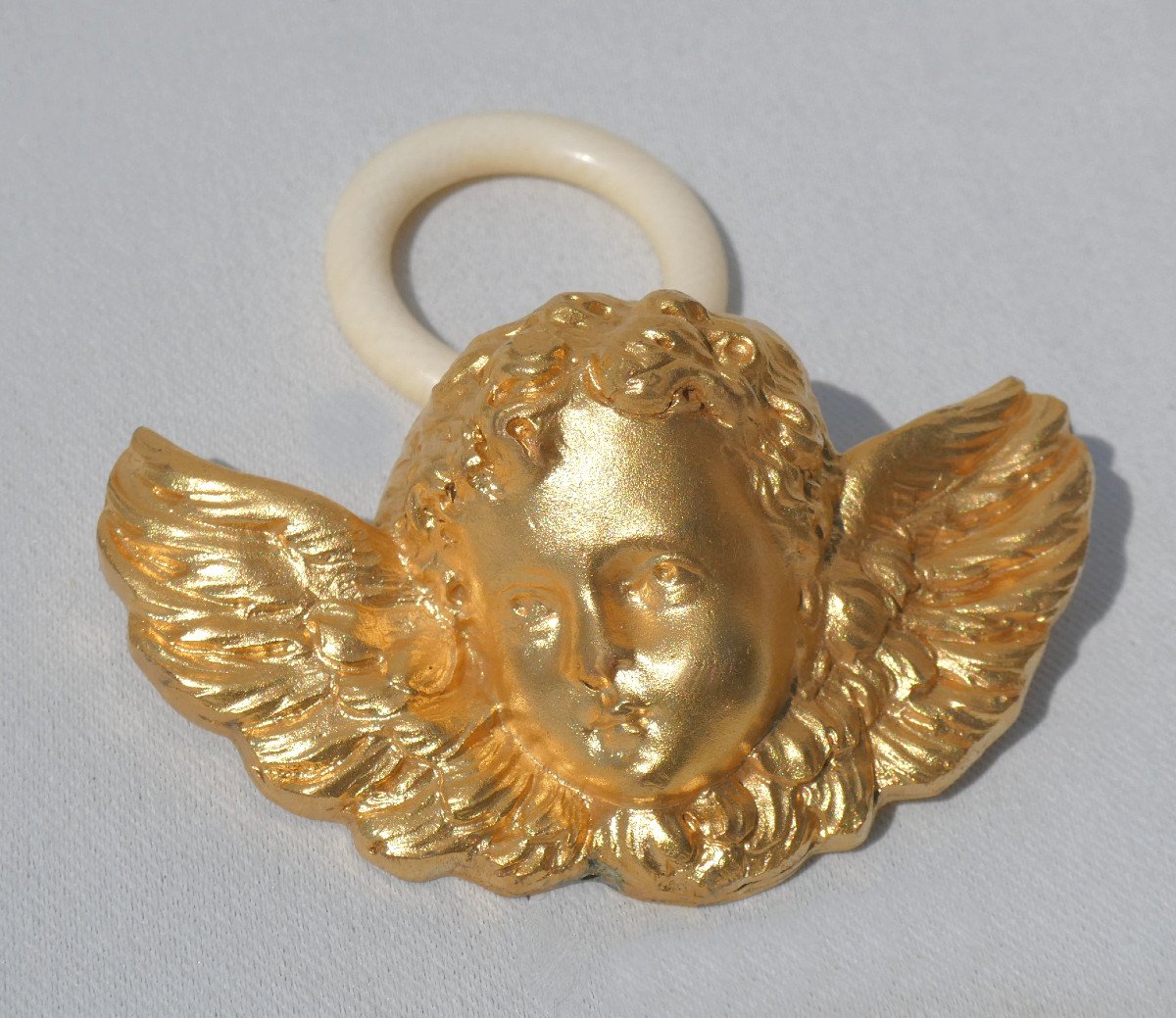 Hanging Crib Angel, 1900s Period, Gilt Bronze, Baptismal Cross, Putto, Ring-photo-2