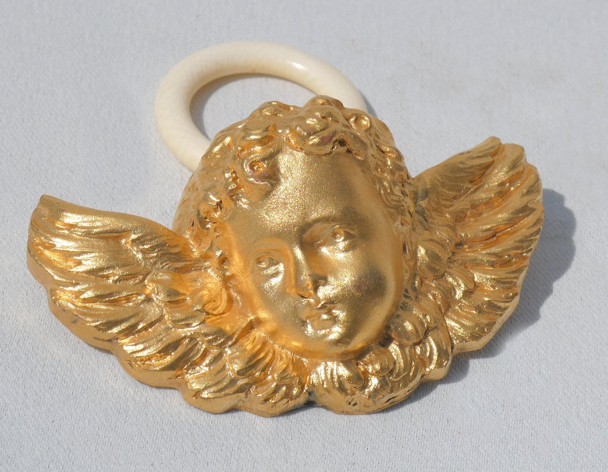 Hanging Crib Angel, 1900s Period, Gilt Bronze, Baptismal Cross, Putto, Ring-photo-1