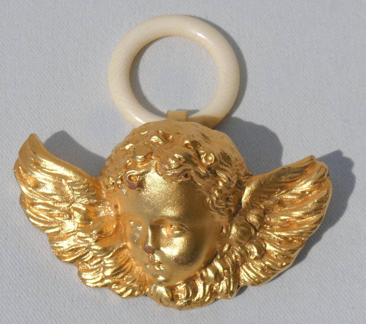 Hanging Crib Angel, 1900s Period, Gilt Bronze, Baptismal Cross, Putto, Ring