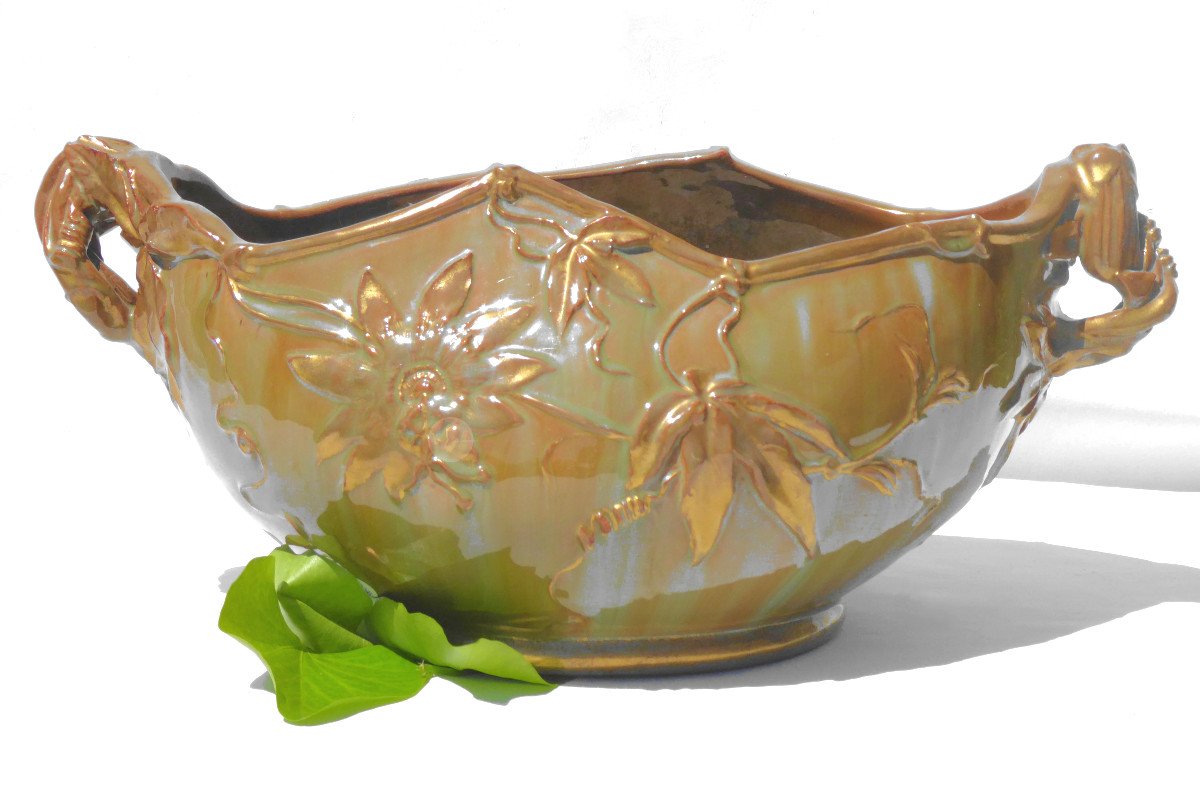 Clement Massier Planter In Art Nouveau Earthenware Cache Pot Golfe Juan Vallauris Barbotine 19th Century-photo-3