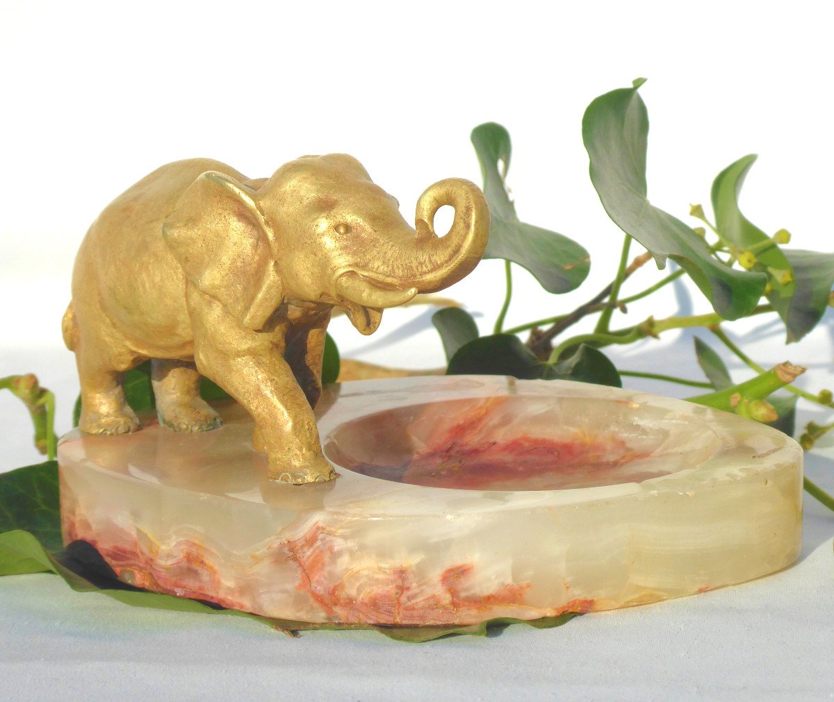 Gilt Bronze, Marble, Elephant Trunk Raised, Circa 1920, Animal Subject-photo-2