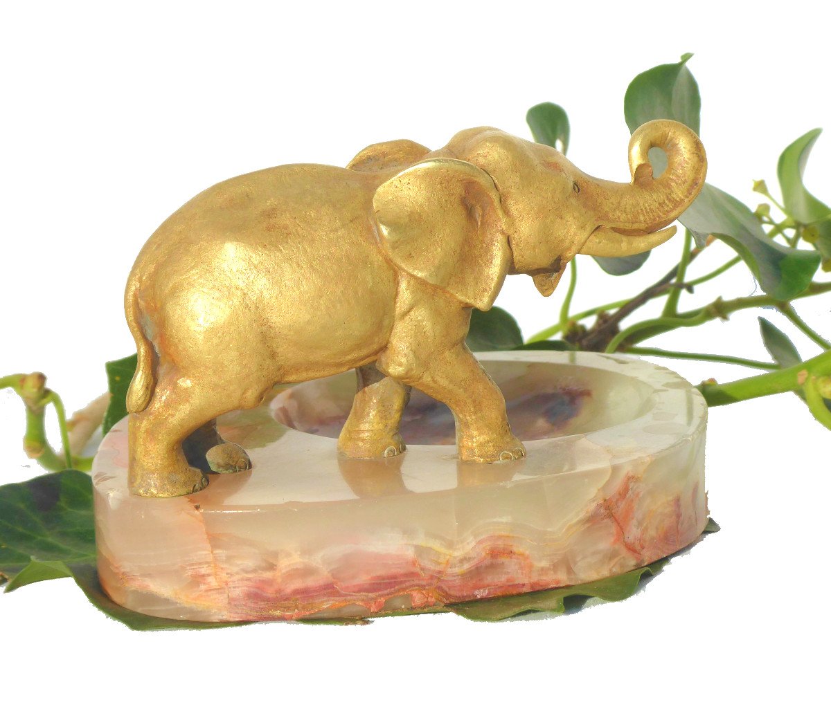 Gilt Bronze, Marble, Elephant Trunk Raised, Circa 1920, Animal Subject-photo-4