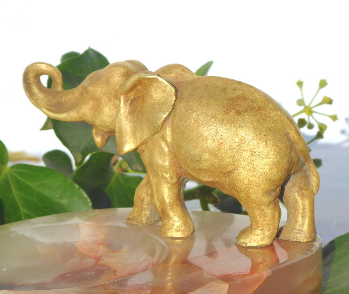 Gilt Bronze, Marble, Elephant Trunk Raised, Circa 1920, Animal Subject-photo-2