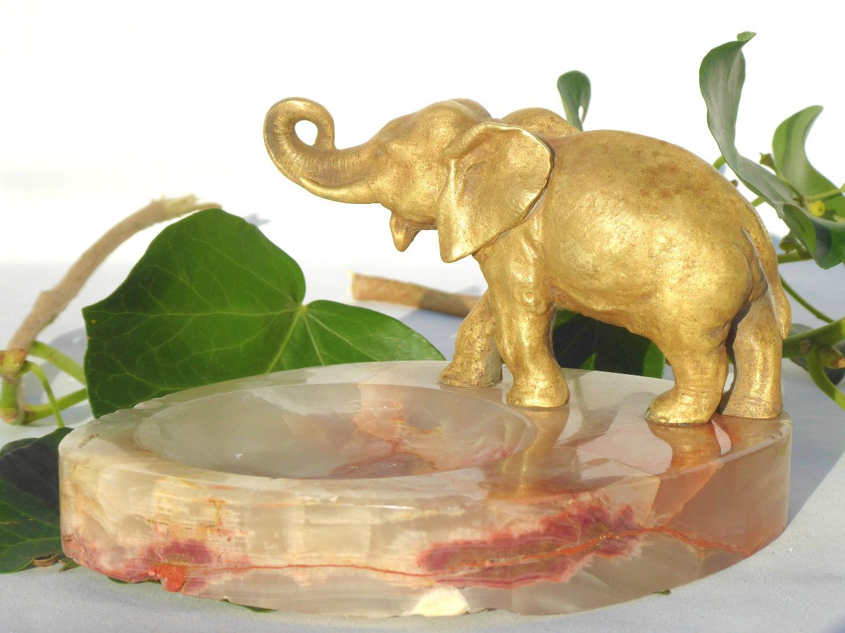 Gilt Bronze, Marble, Elephant Trunk Raised, Circa 1920, Animal Subject-photo-5