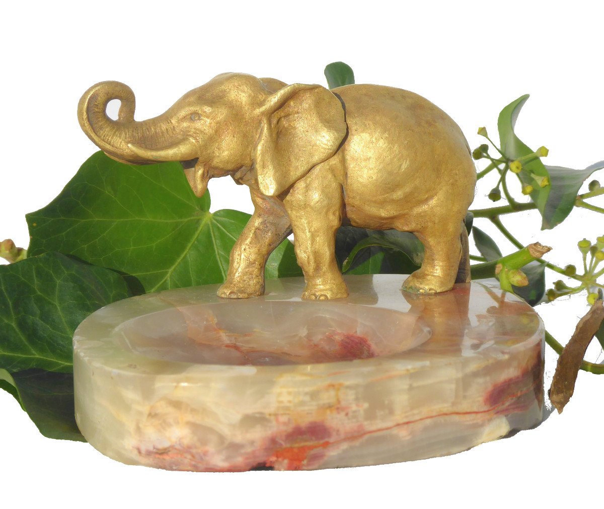 Gilt Bronze, Marble, Elephant Trunk Raised, Circa 1920, Animal Subject