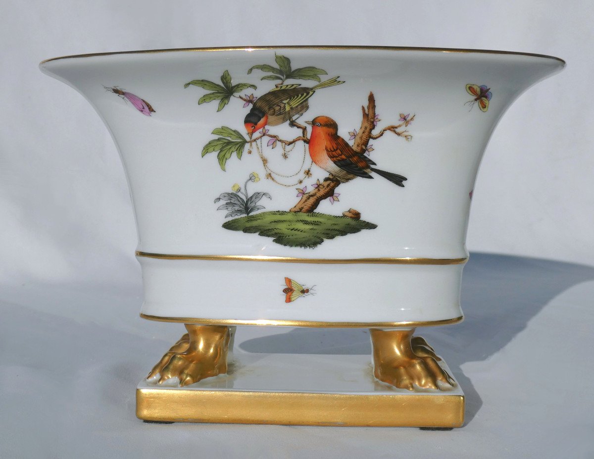 Jardiniere Centre De Table Porcelaine Allemande , Oiseaux & Papillons 1930 Style XIXe Herend