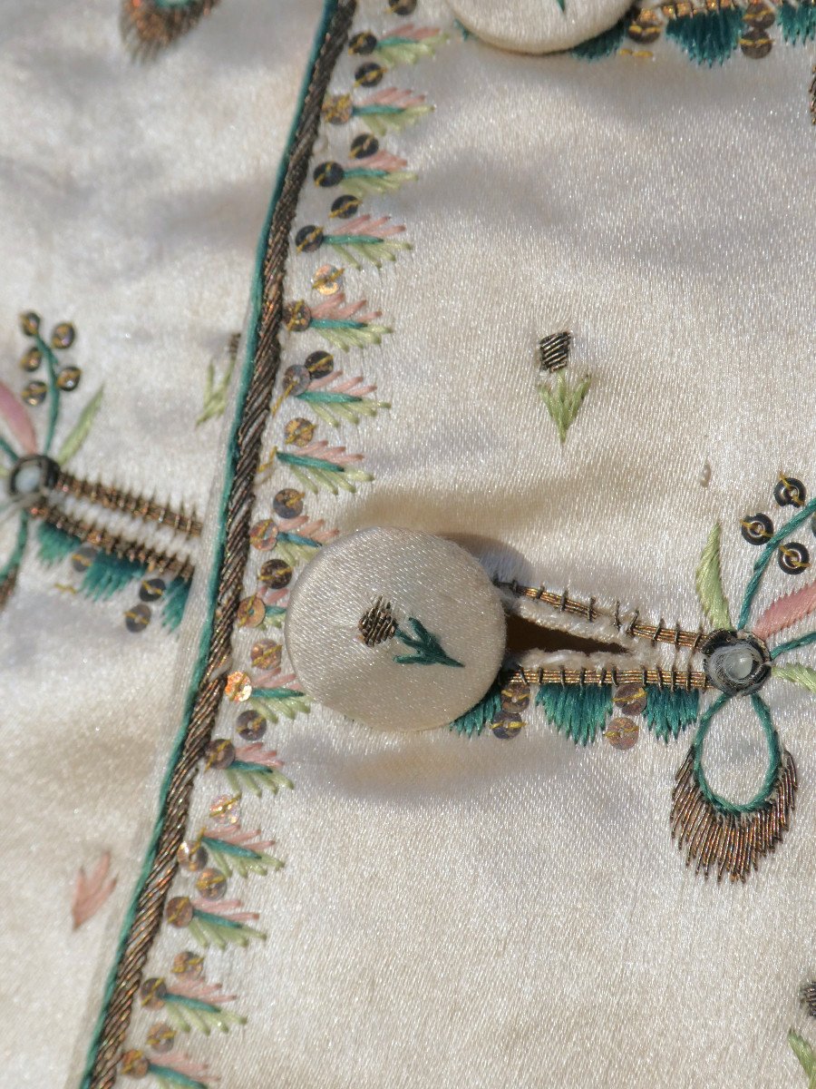 18th Century Men's Waistcoat, Embroidered Silk With Palm Tree Decor, Buttons, Louis XVI Period Costume-photo-2