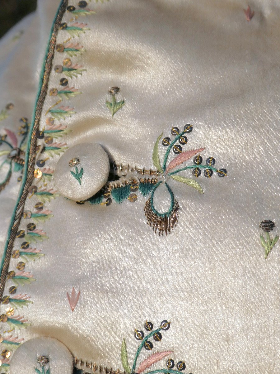 18th Century Men's Waistcoat, Embroidered Silk With Palm Tree Decor, Buttons, Louis XVI Period Costume-photo-3