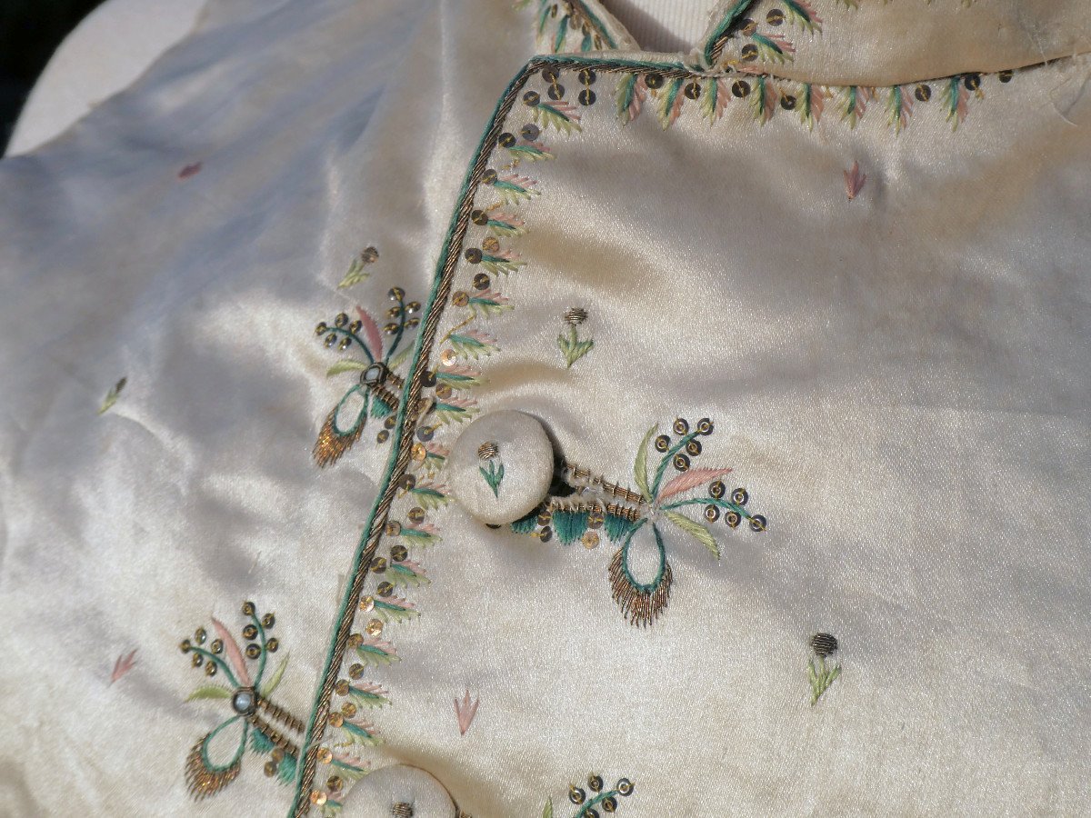 18th Century Men's Waistcoat, Embroidered Silk With Palm Tree Decor, Buttons, Louis XVI Period Costume-photo-4