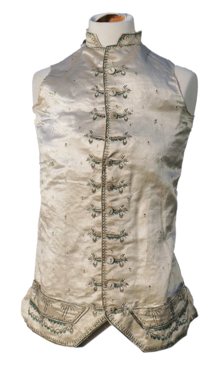 18th Century Men's Waistcoat, Embroidered Silk With Palm Tree Decor, Buttons, Louis XVI Period Costume