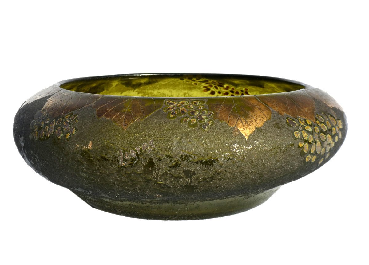 Cache Pot En Verre Degagé à l'Acide , Style Art Nouveau , Signé Legras Montjoye , XIXe Vase 