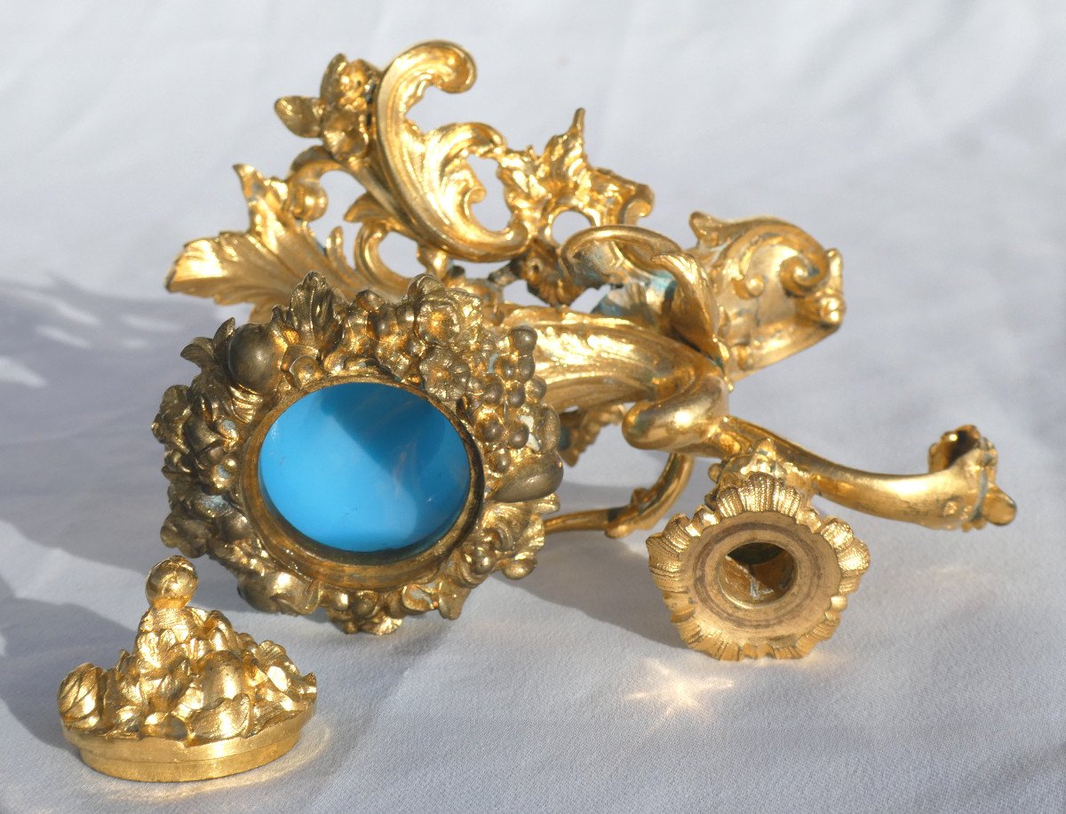 Bougeoir A Systeme , Encrier , Bronze Doré & Opaline Bleue , Porte Plume XIXe , Napoléon III -photo-2