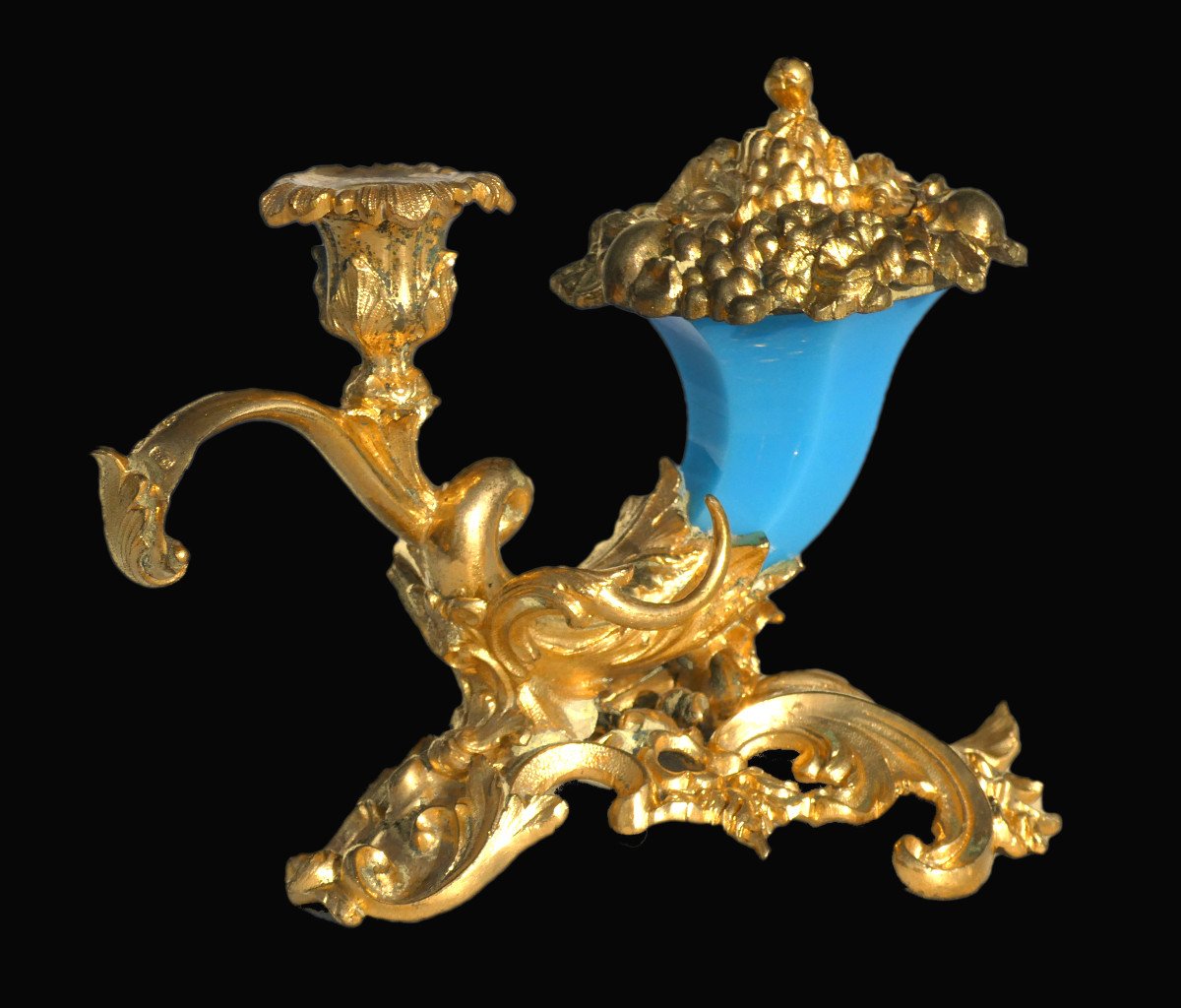 Bougeoir A Systeme , Encrier , Bronze Doré & Opaline Bleue , Porte Plume XIXe , Napoléon III -photo-4