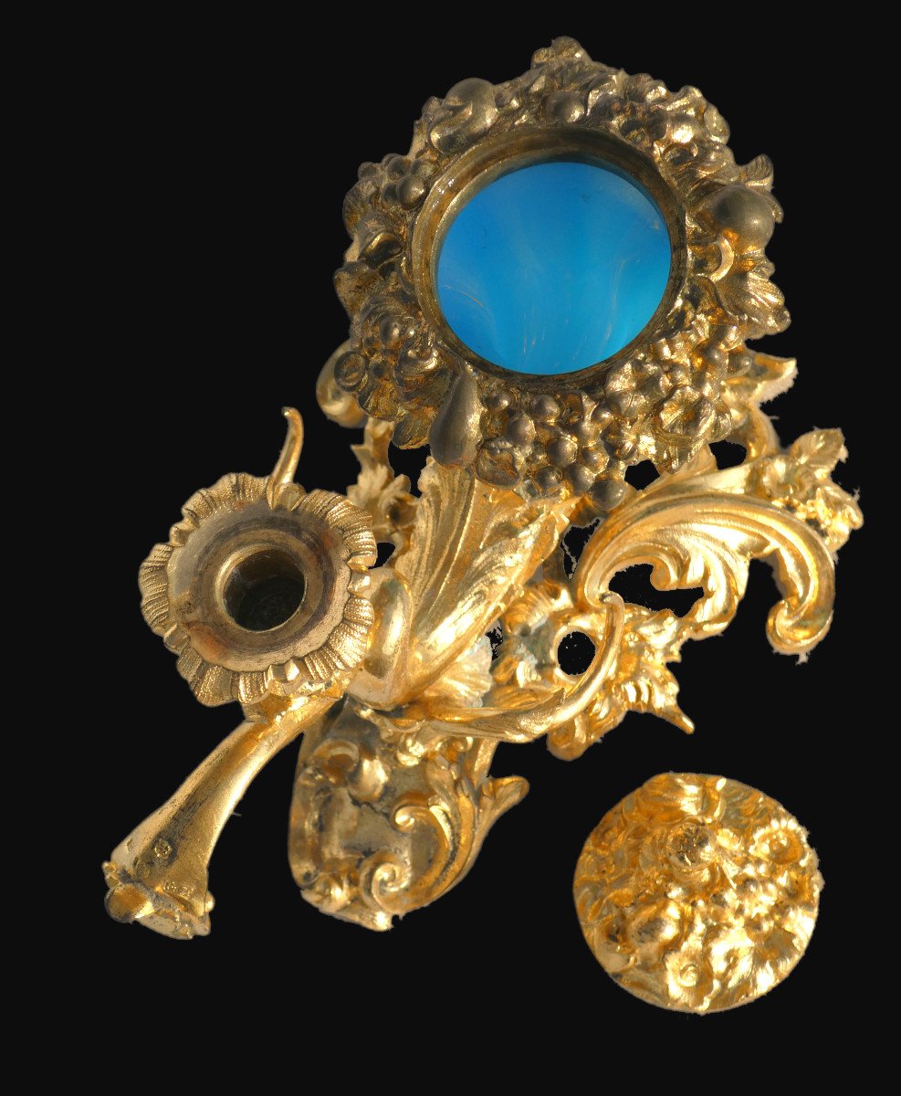 Bougeoir A Systeme , Encrier , Bronze Doré & Opaline Bleue , Porte Plume XIXe , Napoléon III -photo-3