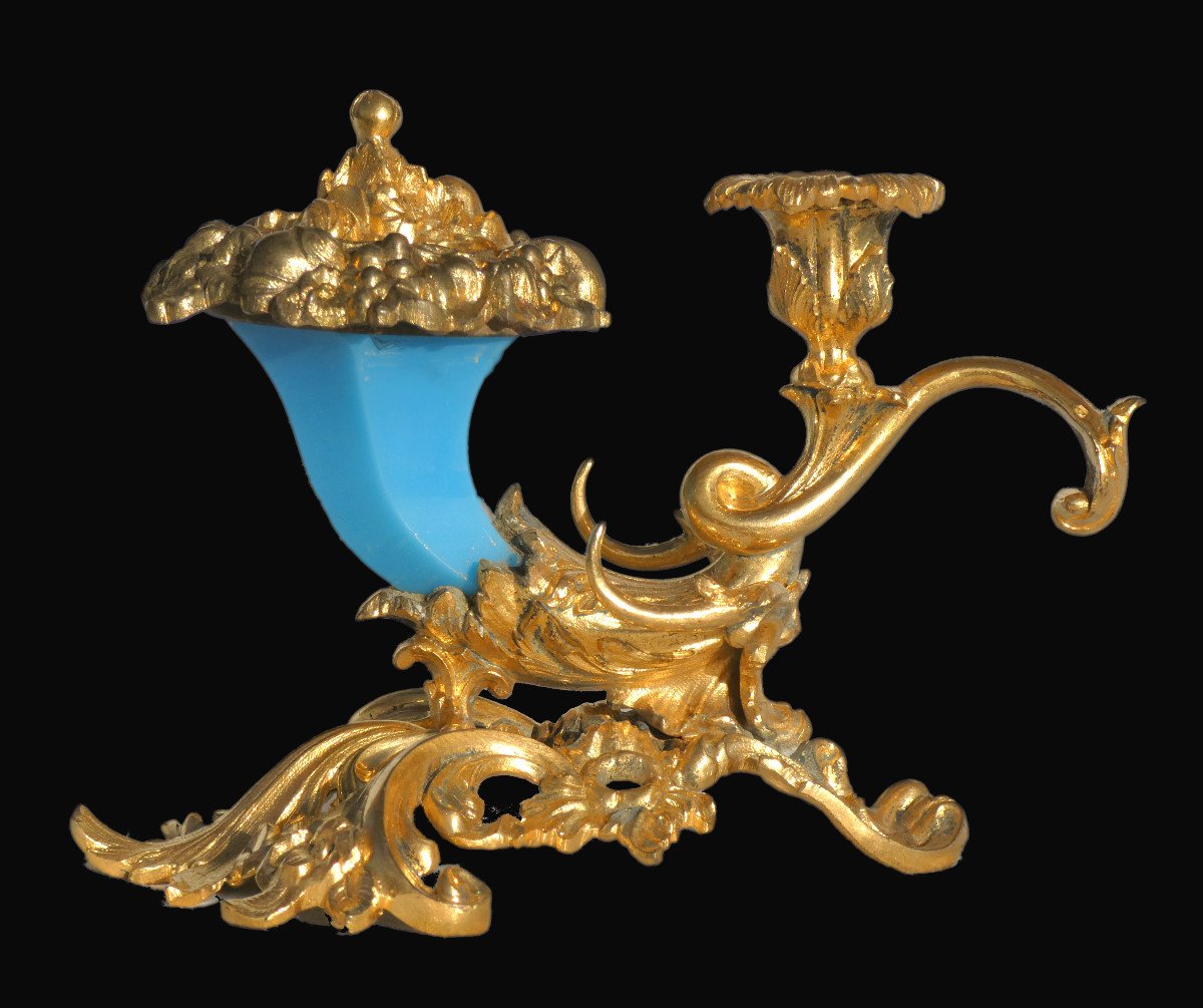 Bougeoir A Systeme , Encrier , Bronze Doré & Opaline Bleue , Porte Plume XIXe , Napoléon III 