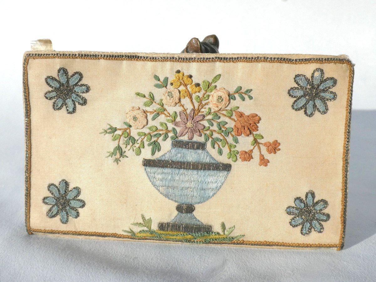 18th Century Billet Doux Louis XVI Period Coin Purse, Embroidered Silk Wallet Circa 1780