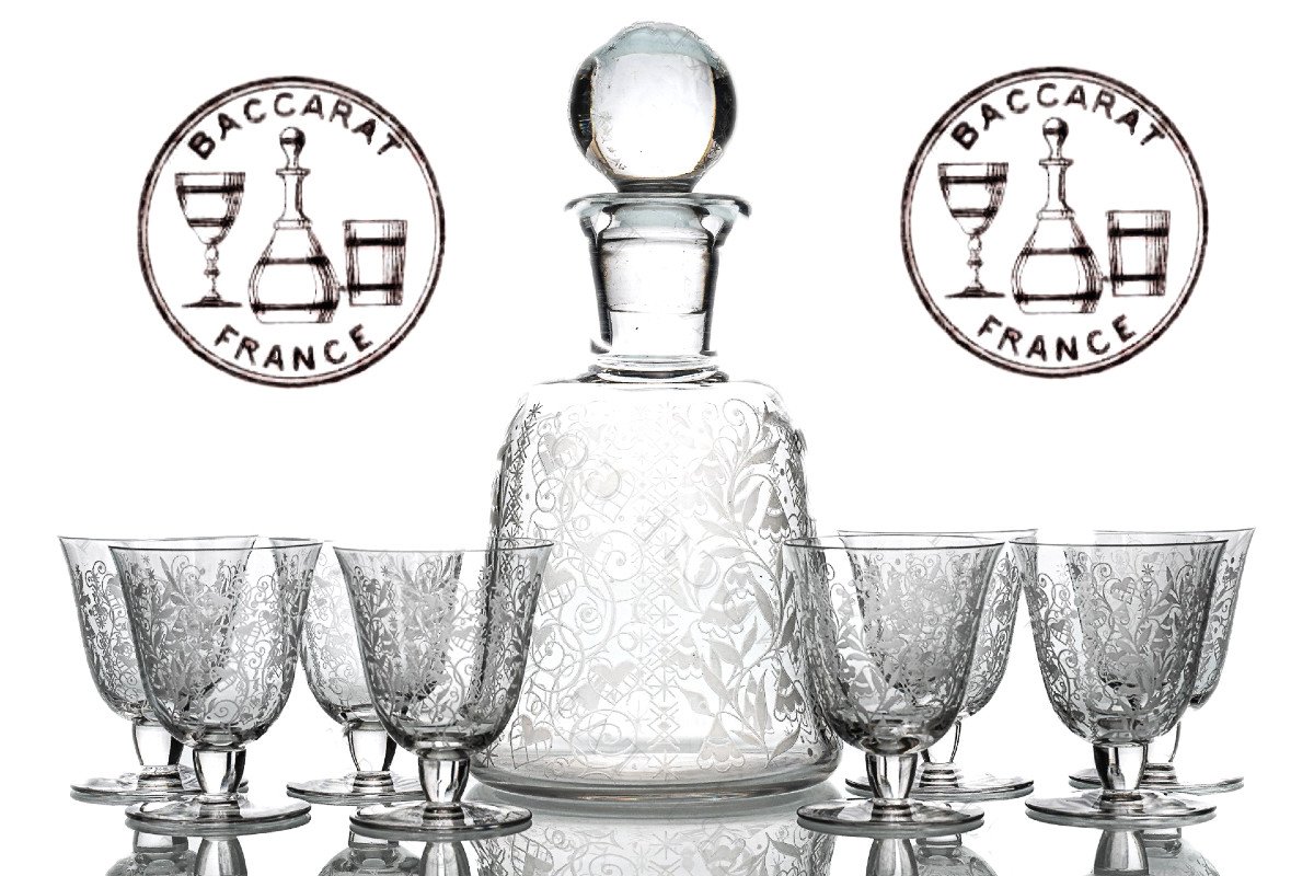 Baccarat Crystal Service, Argentina Model, Art Deco, Whiskey Decanter, Aperitif Glass