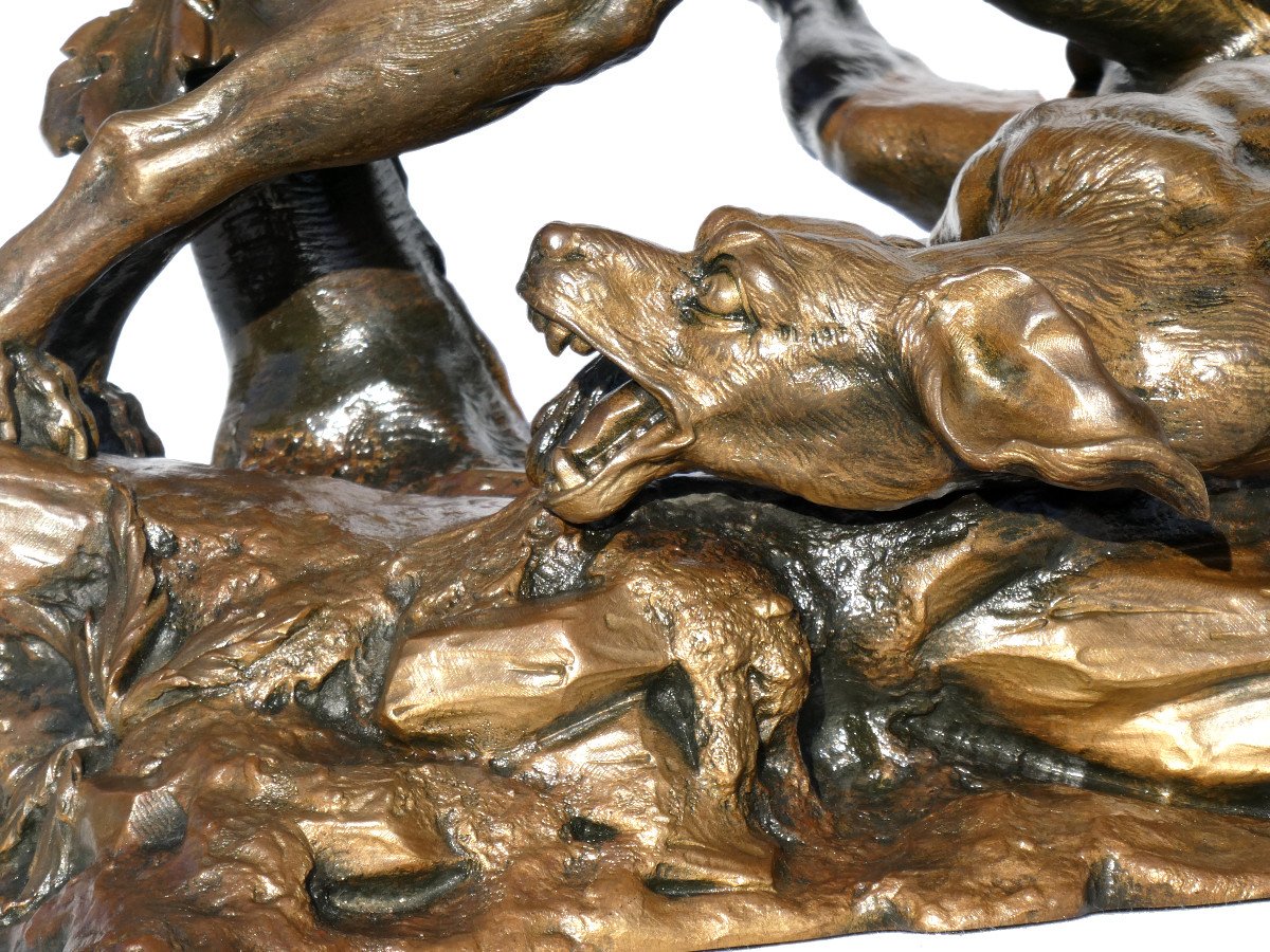 Sculpture En Bronze , Sujet Animalier , Deux Chiens De Chasse / Meute , Signé H. Pain XIXe-photo-3