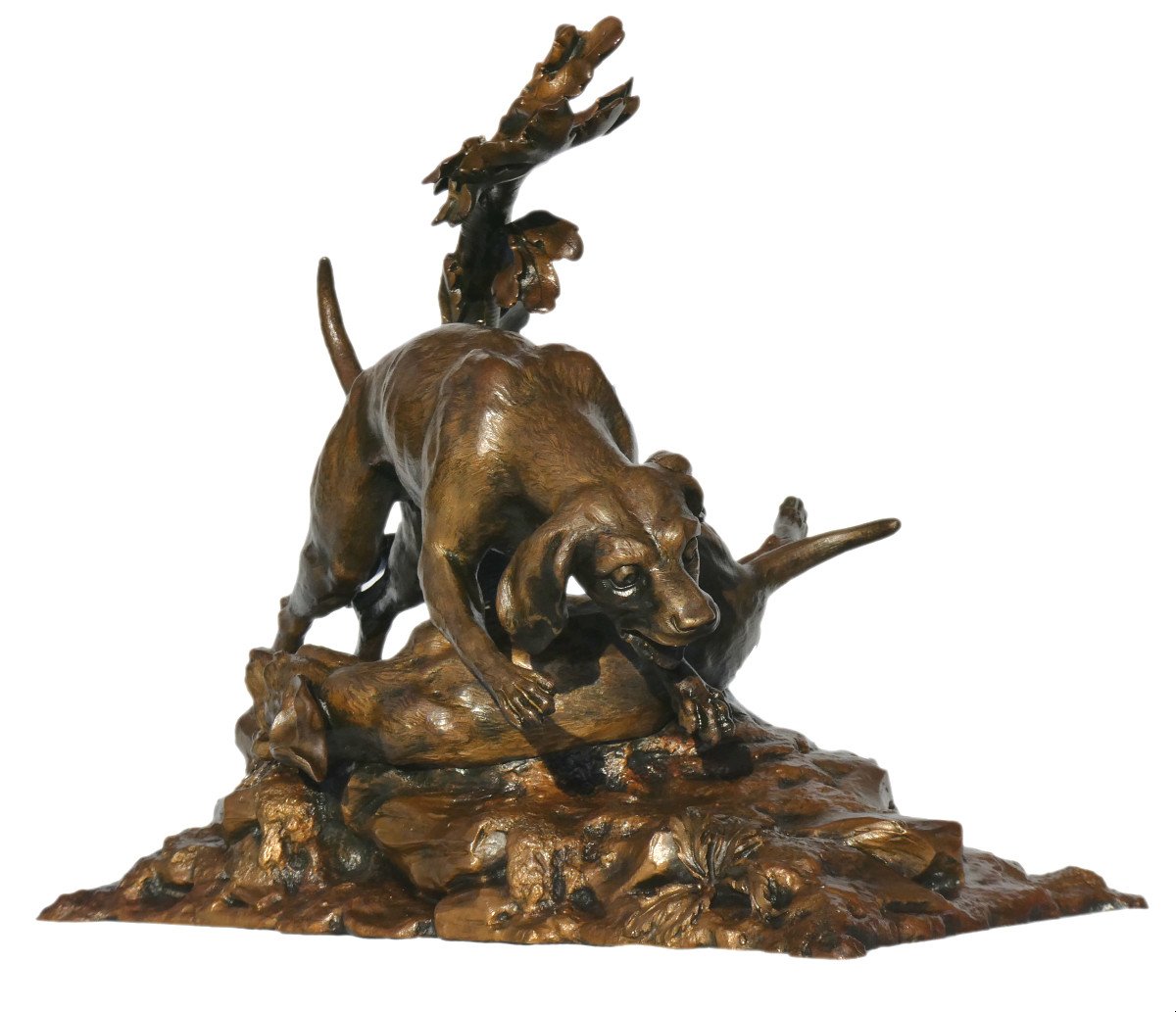 Sculpture En Bronze , Sujet Animalier , Deux Chiens De Chasse / Meute , Signé H. Pain XIXe-photo-4