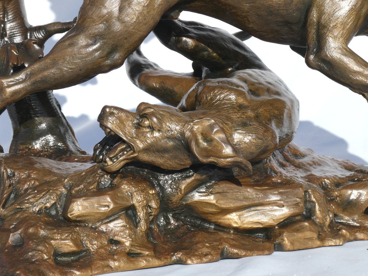 Sculpture En Bronze , Sujet Animalier , Deux Chiens De Chasse / Meute , Signé H. Pain XIXe-photo-2