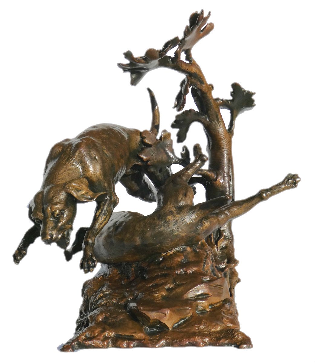 Sculpture En Bronze , Sujet Animalier , Deux Chiens De Chasse / Meute , Signé H. Pain XIXe-photo-7