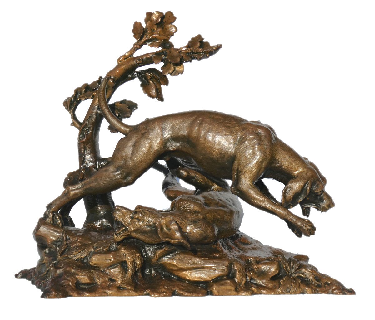 Sculpture En Bronze , Sujet Animalier , Deux Chiens De Chasse / Meute , Signé H. Pain XIXe