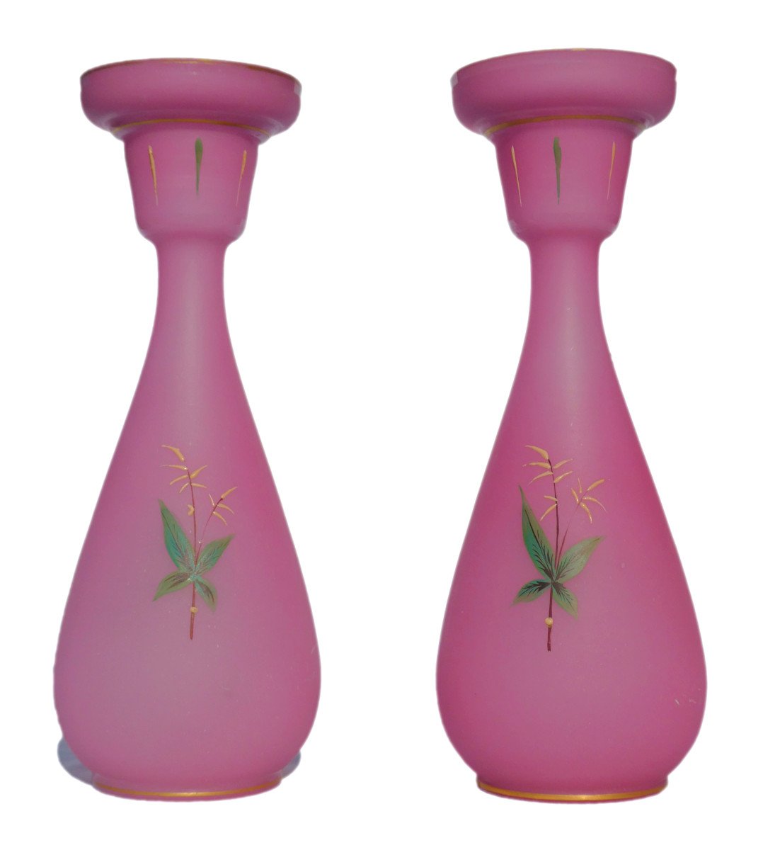 Pair Of Opaline Enameled Hyacinth Bulb Vases, Napoleon III Period, 19th Century Pink-photo-4