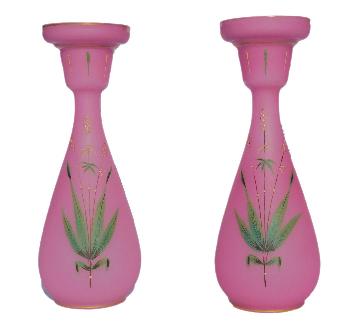 Pair Of Opaline Enameled Hyacinth Bulb Vases, Napoleon III Period, 19th Century Pink