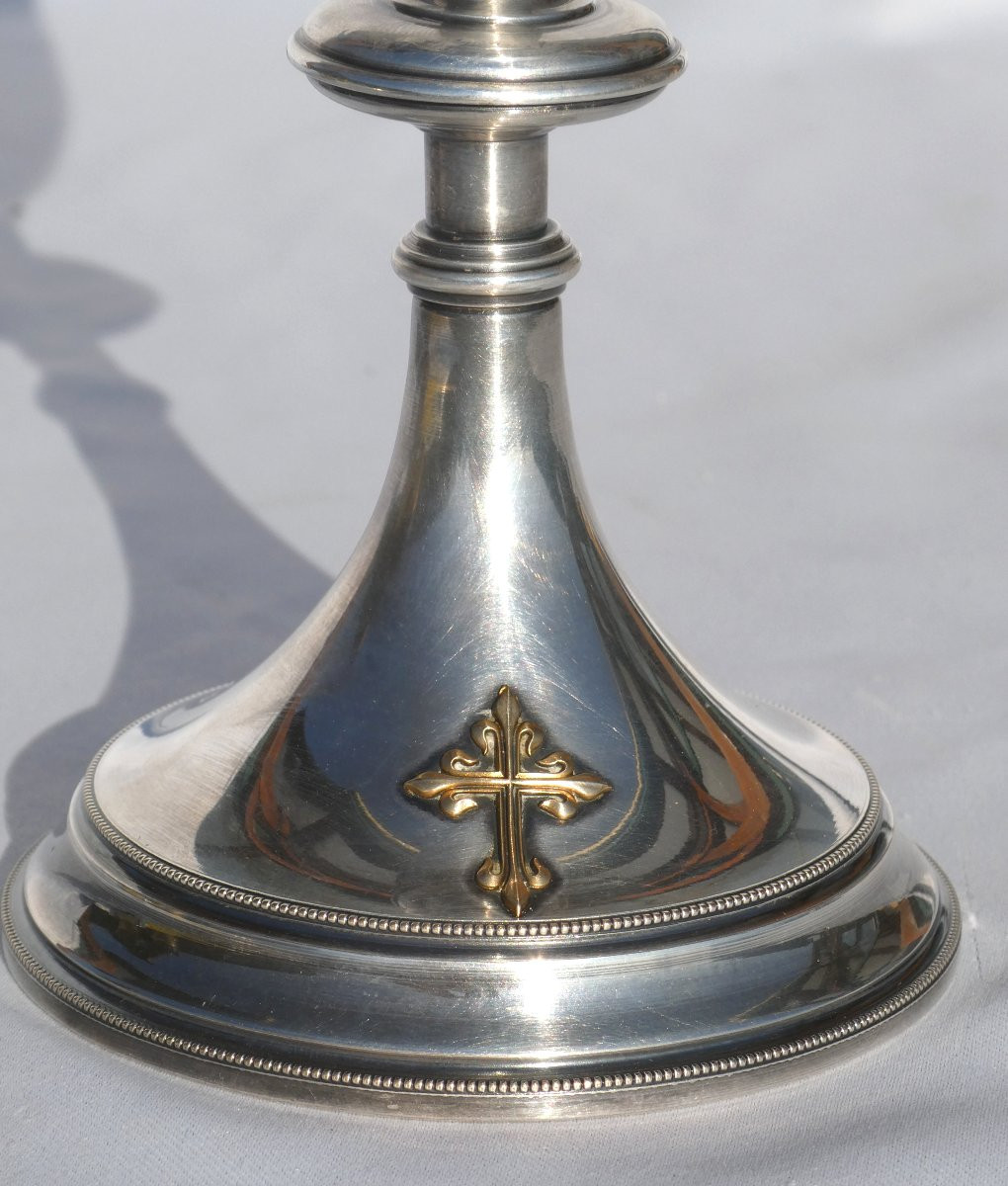 Calice En Argent Massif , époque 1900 , Objet Lithurgique , Messe Fleur De Lys , Croix XIXe-photo-2