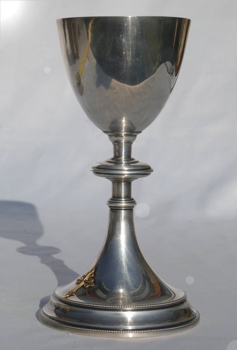 Calice En Argent Massif , époque 1900 , Objet Lithurgique , Messe Fleur De Lys , Croix XIXe-photo-3