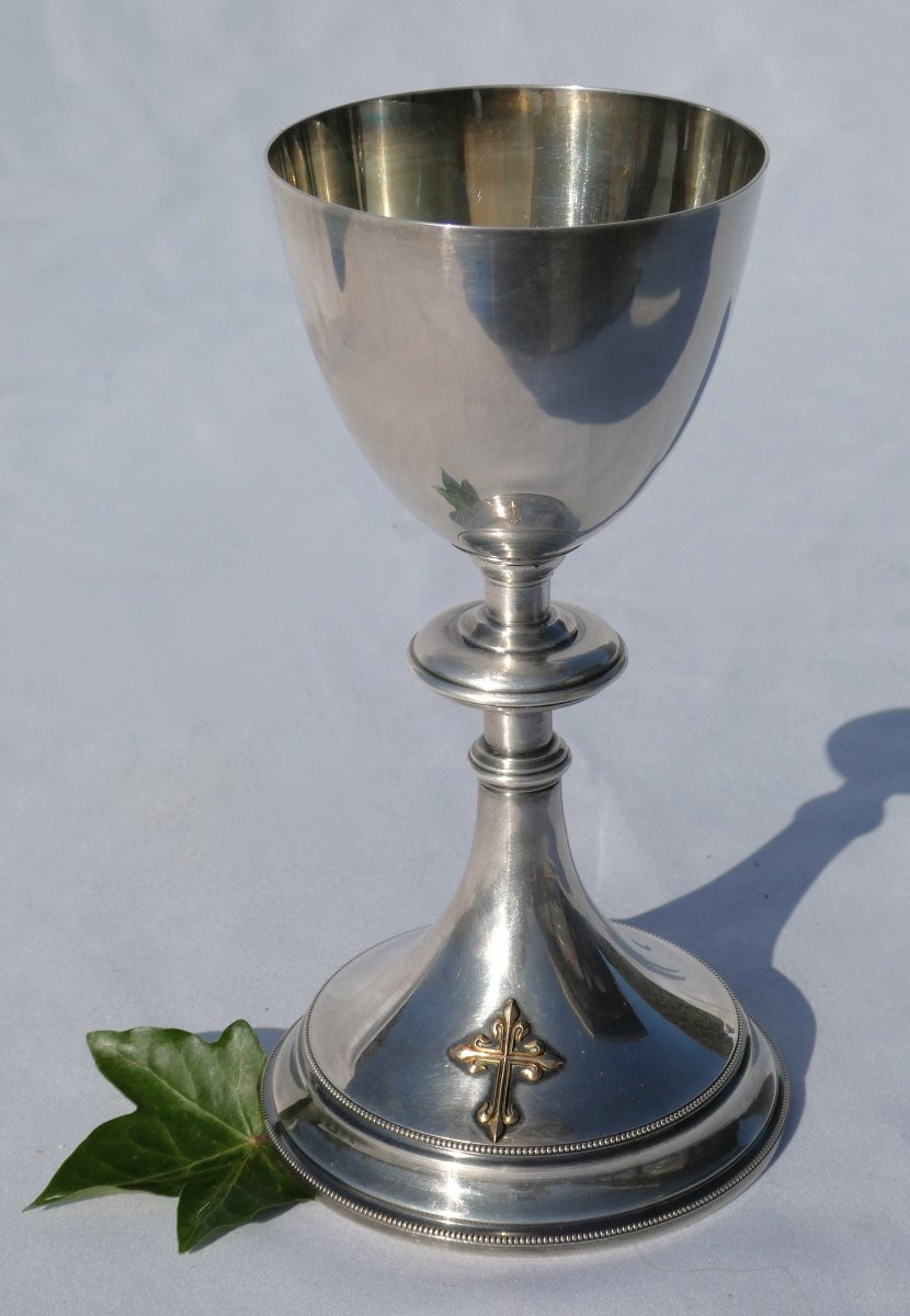 Solid Silver Chalice, 1900s Period, Liturgical Object, Fleur De Lys Mass, 19th Century Cross-photo-1